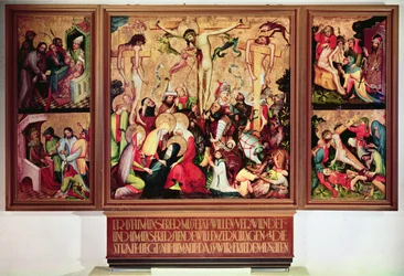 La Crucifixion, triptyque avec panneaux latéraux représentant des scènes de la Passion